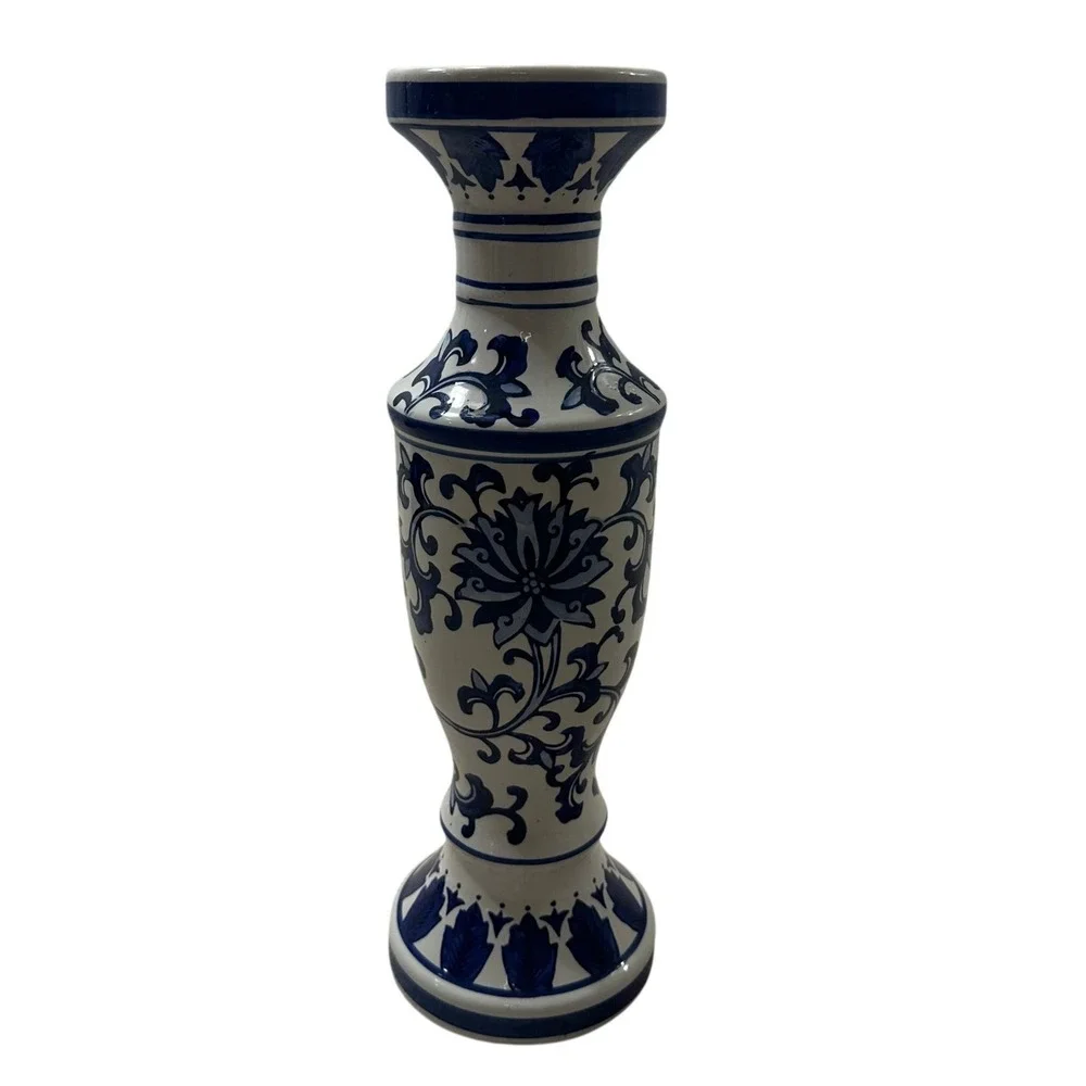 Blue and White Chinoiserie Ceramic Pillar Candle Holder Floral 15.5 Inch Tall
